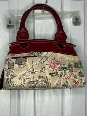 Lancel Beige Paris Map Print Cloth Handbag